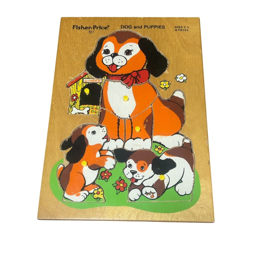 Vintage Fisher Price Dog and Puppies Wooden Puzzle Ages 2-5 8-pieces Model 511